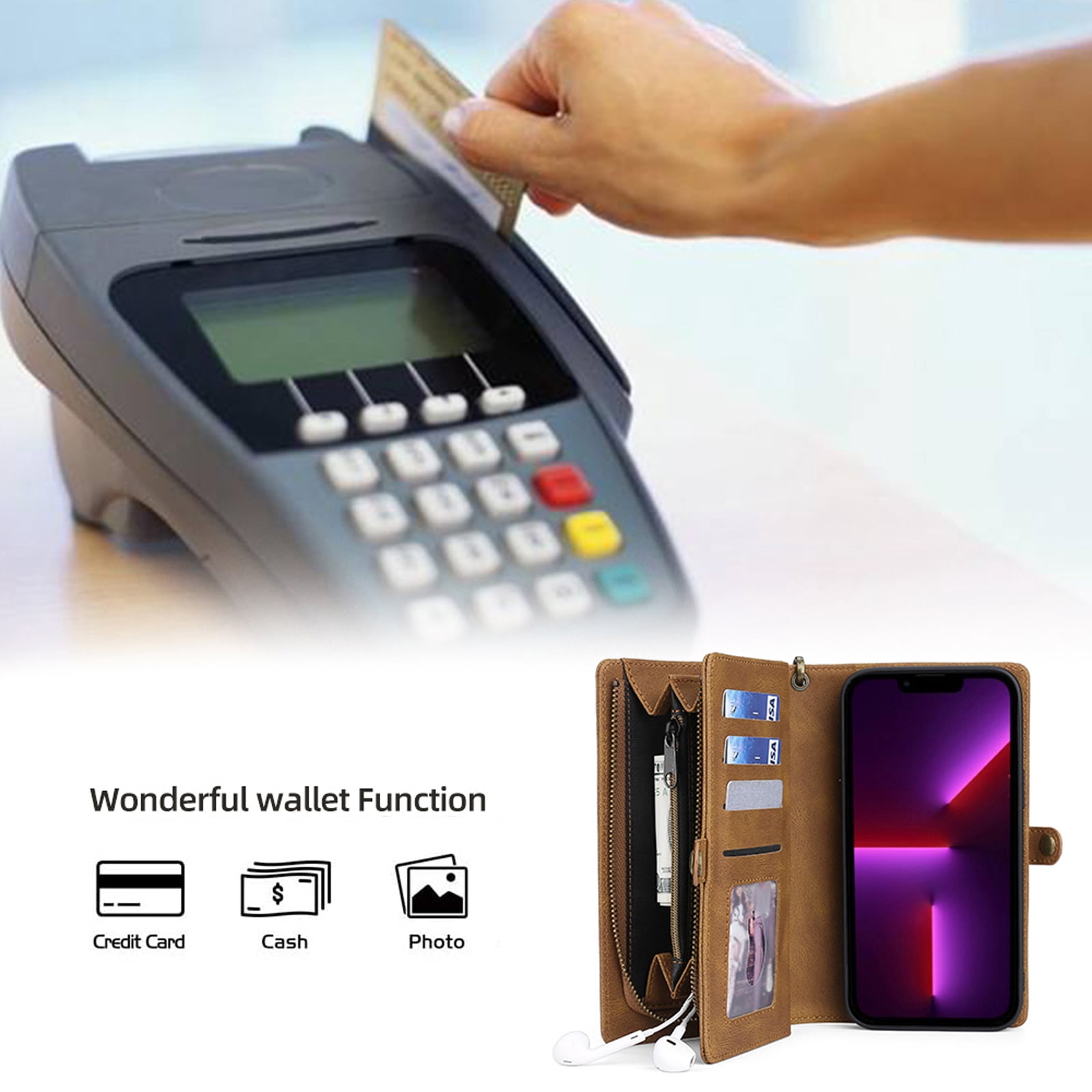 for iPhone 13 Pro Max Wallet Case, Durable PU Leather 2-in-1 Detachable Magnetic Flip Phone Case for iPhone 13 Pro Max Case Wallet with Card Holder Slots Zipper Pouch for Women Men, Brown