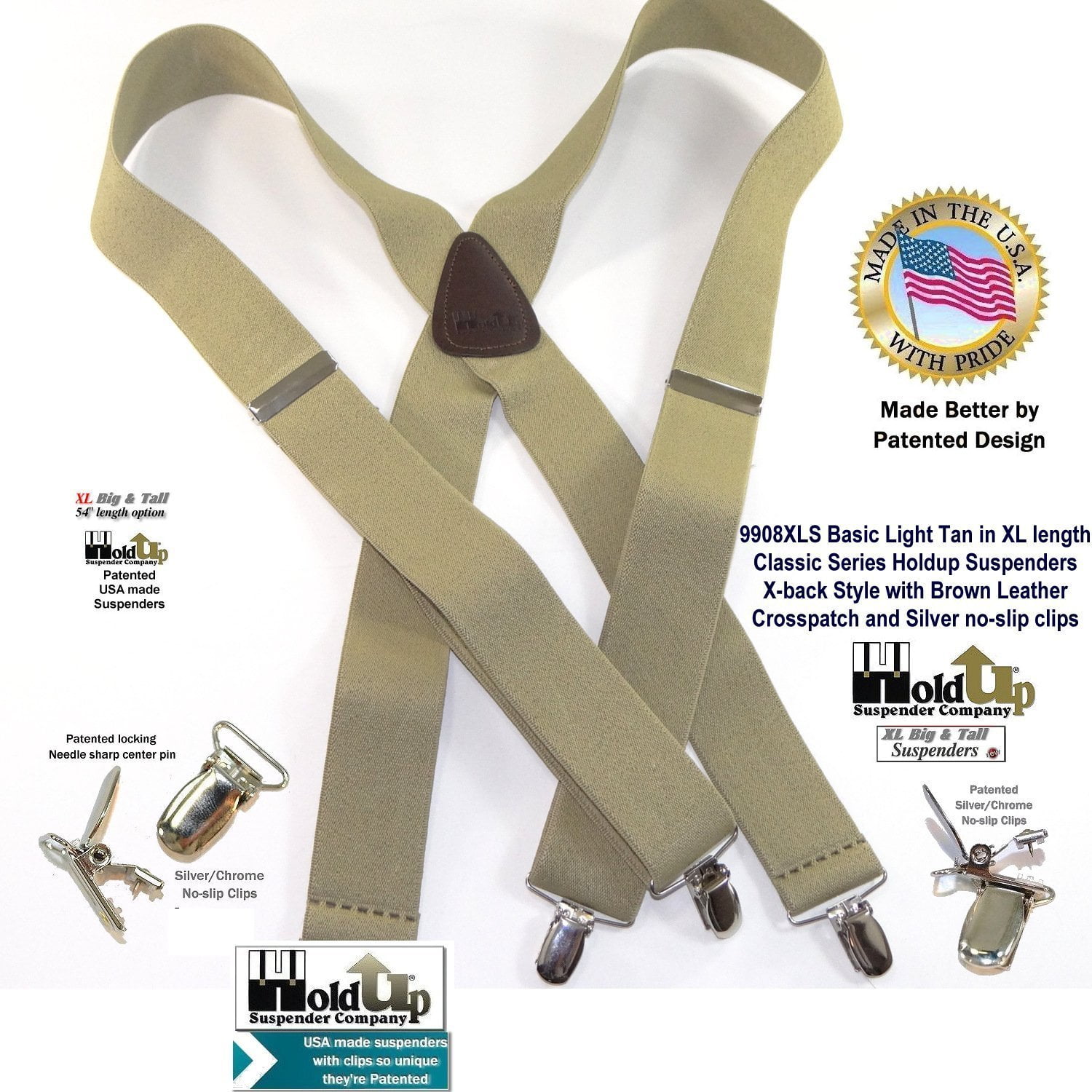 HoldUps Classic tan XL suspenders 1 1/2"wide 54' long with patented