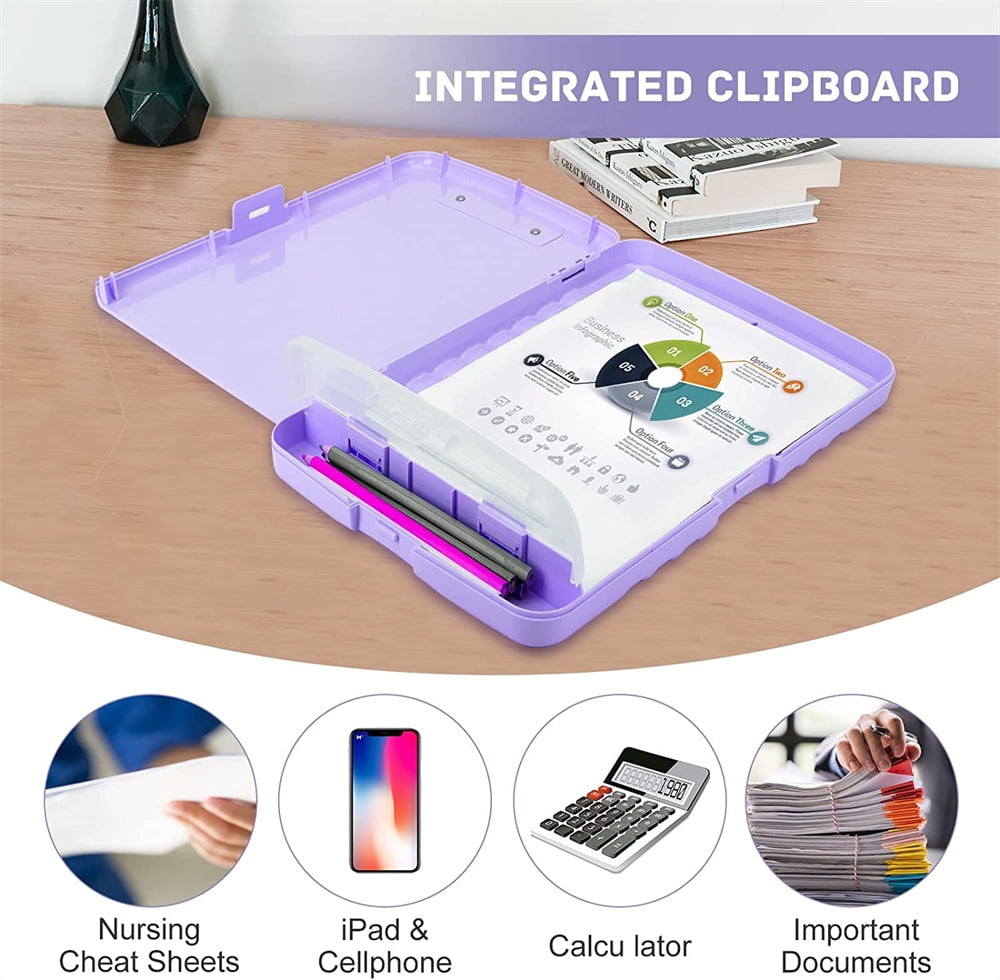 NOGIS Clipboard with Storage, Large Capacity Nursing Clipboards with Low Profile Clip, Heavy Duty Plastic Storage Clipboard with Pen Holder,Multifunctional Clipboard Case for Writing,Purple