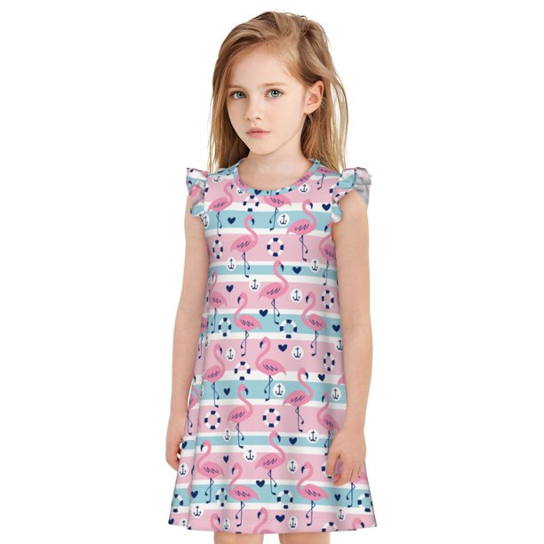 Fotbe Striped Flamingo Vestido de Dormir para Niñas de 3 a 10 Años, Mangas Cortas, Estilo Princesa, Pijama Camisón con Mangas Voladas-Large