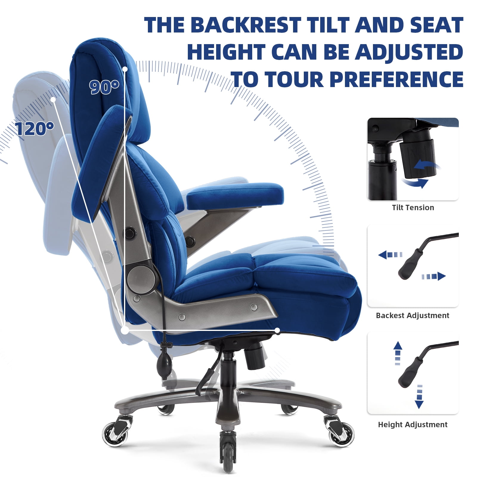 Big and Tall 700lbs Office Chair, Fabric Heavy Duty Executive Chair with 3D Flip up Armrests Adjustable Lumbar Support Large Rubber Wheels, Extra Wide High Back Computer Desk Chair, Blue