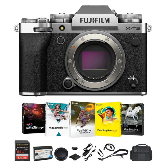 FUJIFILM X-T5 Mirrorless Silver Camera Corel Suite Battery 64GB Card Bag Bundle