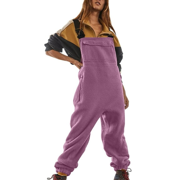Cyglowse Women's Fleece Warm Overalls Winter Loose Casual Jumpsuits with Pockets Purple S