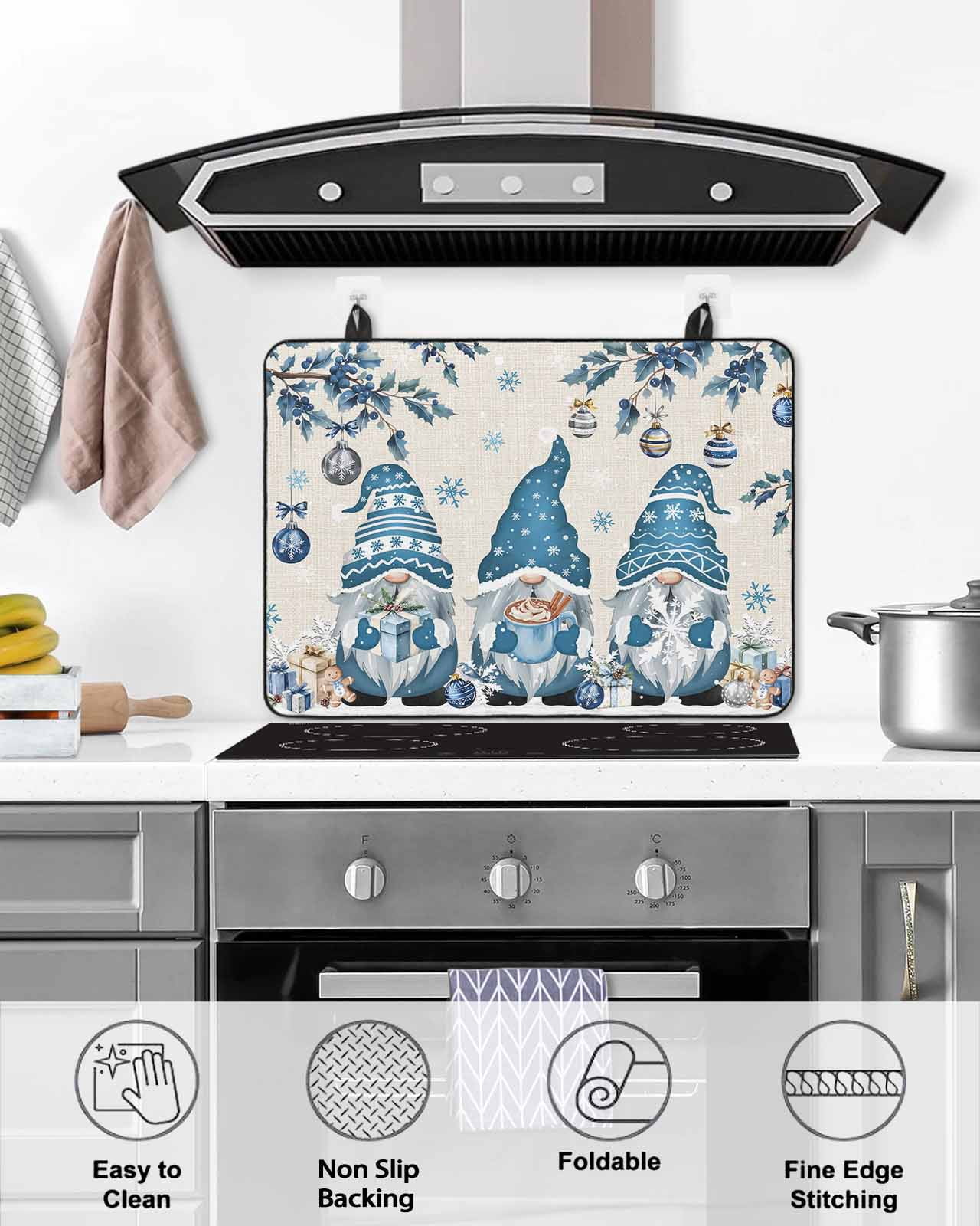 Large Induction Cooktop Protector Mat Blue Christmas Stove Top Covers for Electric Stove, Xmas Gnomes Balls Tree Snowflake Gifts Decorative Stove Burner Cover Mats, Glass Top Stove Cover