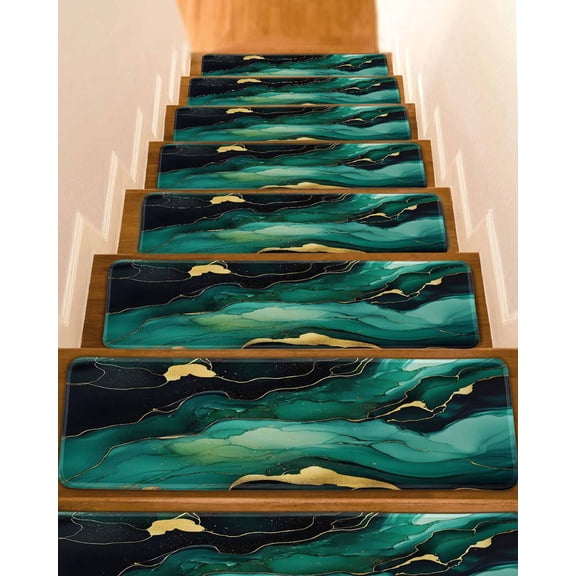 Teal Marble Stair Treads for Wooden Steps Indoor Runner Rug Carpet, Modern Green Golden Abstract Ombre Texture 4 Pieces Peel and Stick Staircase Step Treads Covers Washable Throw Door Mats, 30"x8"