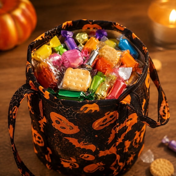 UALSRZL Halloween Treat Bags for Kids, Reusable Fabric Trick or Treat Candy Tote with Pumpkin Ghost, Portable Goodie Bag with Handles for Party Favors