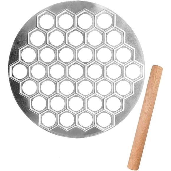 PinesC Ravioli Maker Dumplings Mold Rolling Pin Stainless Steel Metal Mold Set forPress Handmade DumplingPress, 37 Holes Russian Ravioli Maker
