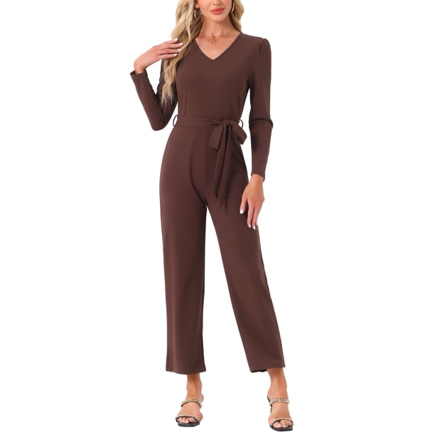 INSPIRAR CHIC Mono de Mujer con Cuello en V de Manga Larga, Cintura Ajustable, Pierna Ancha, Pantalones Largos, Elegante Mono de Tejido XL Café