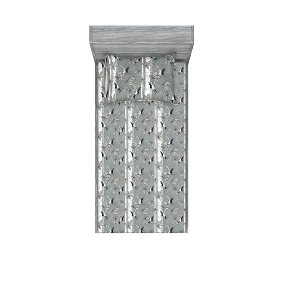 Bird Print Fitted Sheet & Pillow Sham Set, Retro Forest Leaves and Flying Animals on Striped Style Backdrop, Decorative Printed 2 Piece Bedding Decor, Twin, Grey Eggshell Dark Blue, by Ambesonne