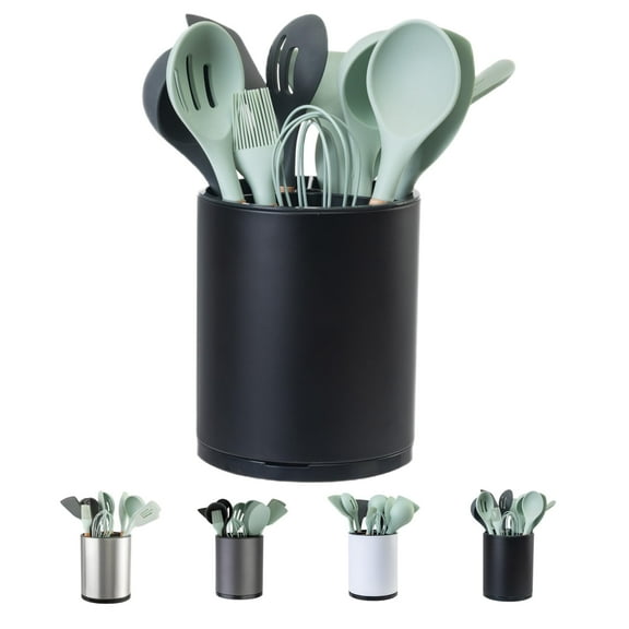 Kitchen Utensil Holder Extra Large 360°Rotating For Counter Organizer Stainless Steel Storage Cooking Silverware Caddy 3 Compartment Flatware Spoon Spatula Tool Cutlery Container(Silvery)