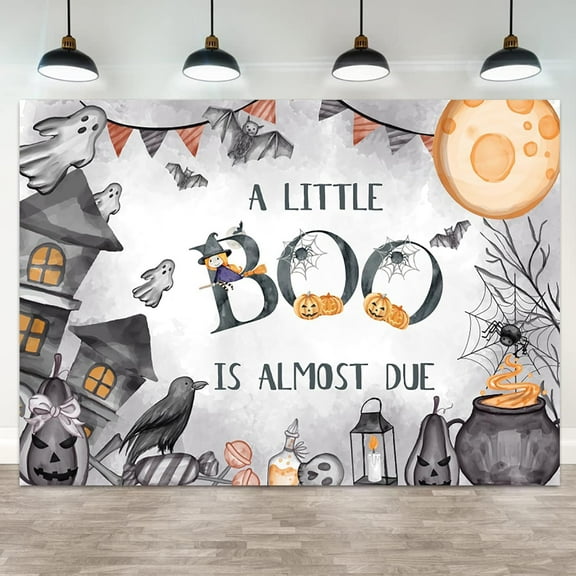 Watercolor Halloween Baby Shower Backdrop A Little Boo is Almost Due Photography Background Ghosts Witch Pumpkins Haunted House Spooky Newborn Birthday Party Decorations Banner Photo Booth Props