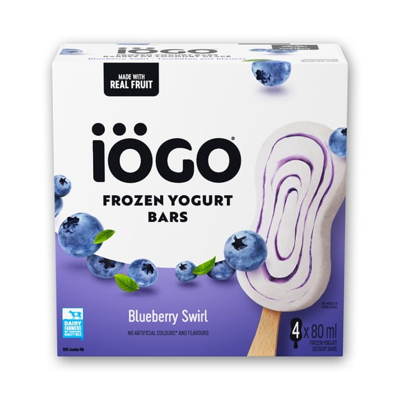 IÖGO Frozen Yogurt Bars, Blueberry Swirl, Real Fruit & Dairy, 100 Calories Per Bar, 4 x 80 ml