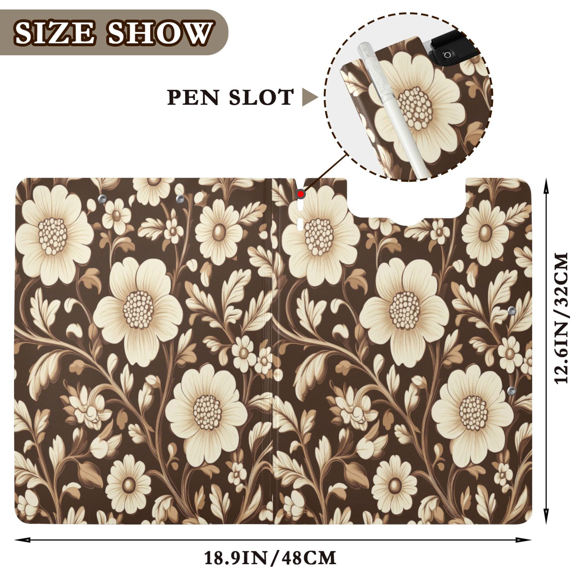 FORMRS A4 Clipboard Folder with Pen Holder Horizontal Foldable School Office Binder, Brown Floral