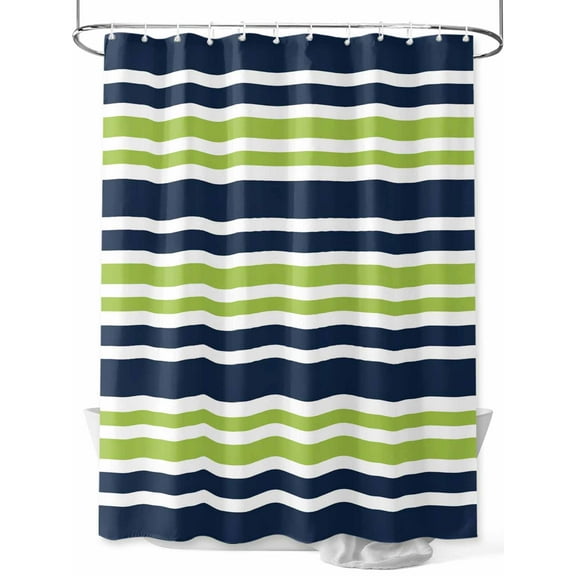 Shower Curtain Green Striped Bathroom Curtains with Hooks, Waterproof Fabric Navy Blue Contrast Stripes Bath Shower Curtains Set for Bathroom Bathtubs Decor 36x72 Inch