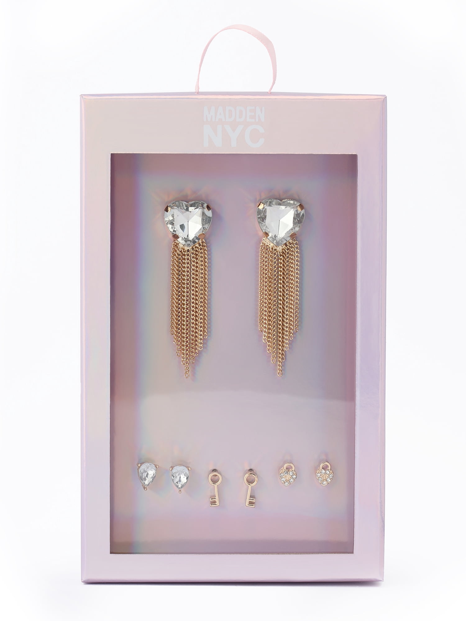 Madden NYC Women's Fashion Gold Stone Heart Fringe Drop & Stud Earring 4-Piece Giftable Boxed Statement Set