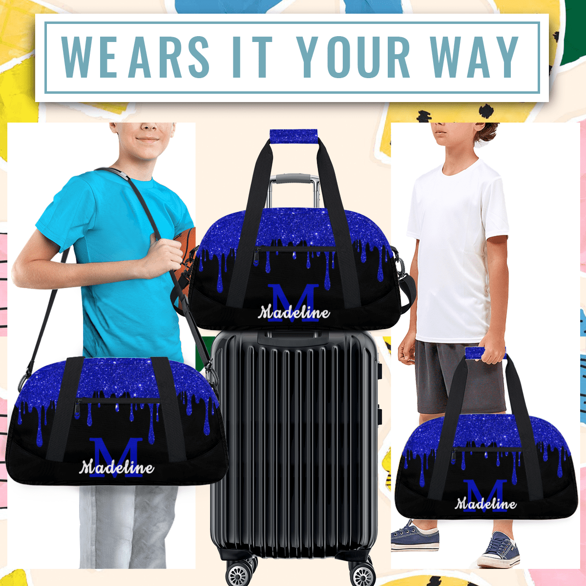 Herdesigns Personalized Sports Duffel Bag with Name Custom Weekender Overnight Bag Gym Bag Travel Dance Gymnastics Duffel Bag, Blue