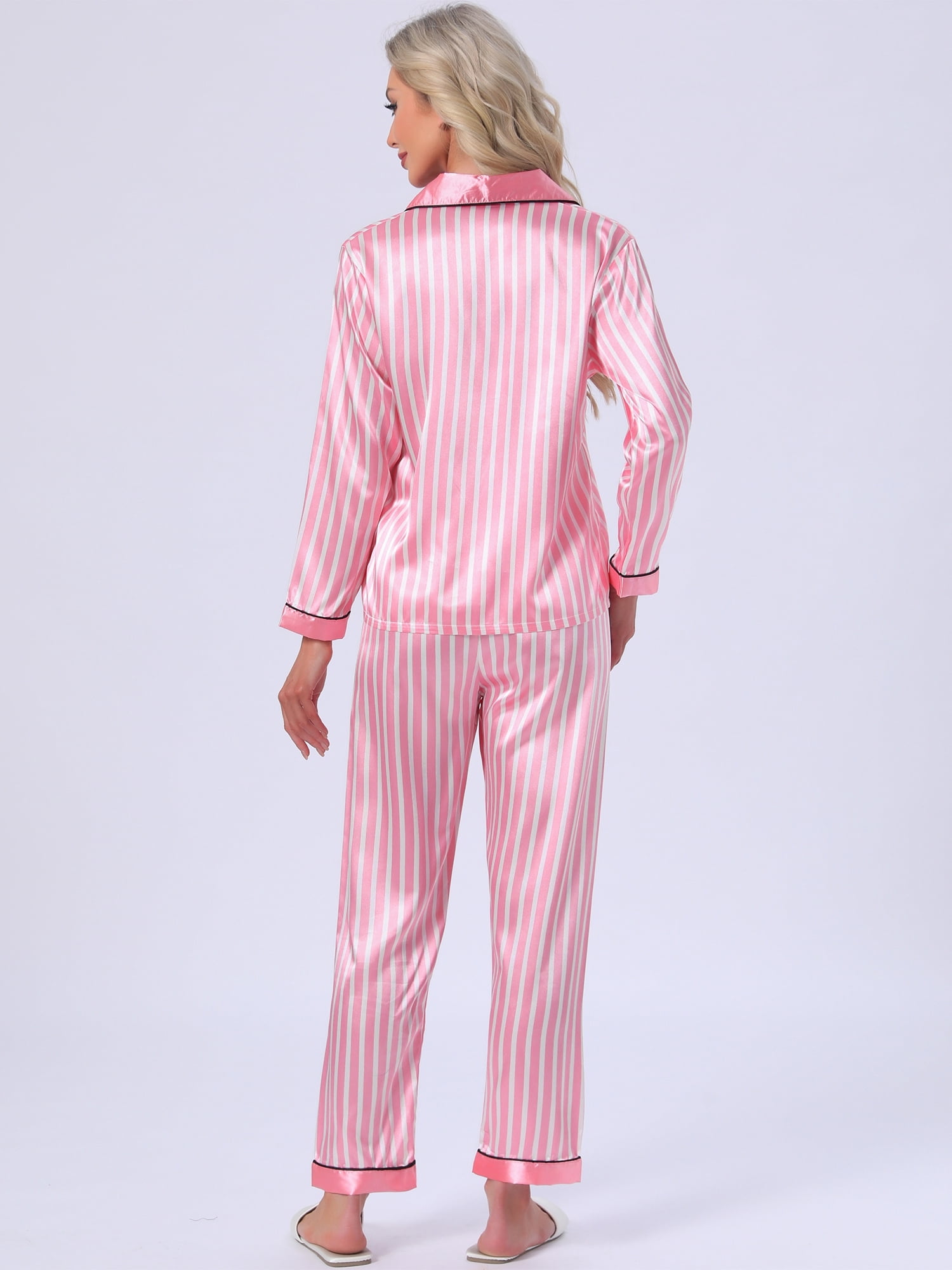 DARING DIVA Women's Satin Pajama Set Silky Long Sleeve Button Down Sleepwear M Pink