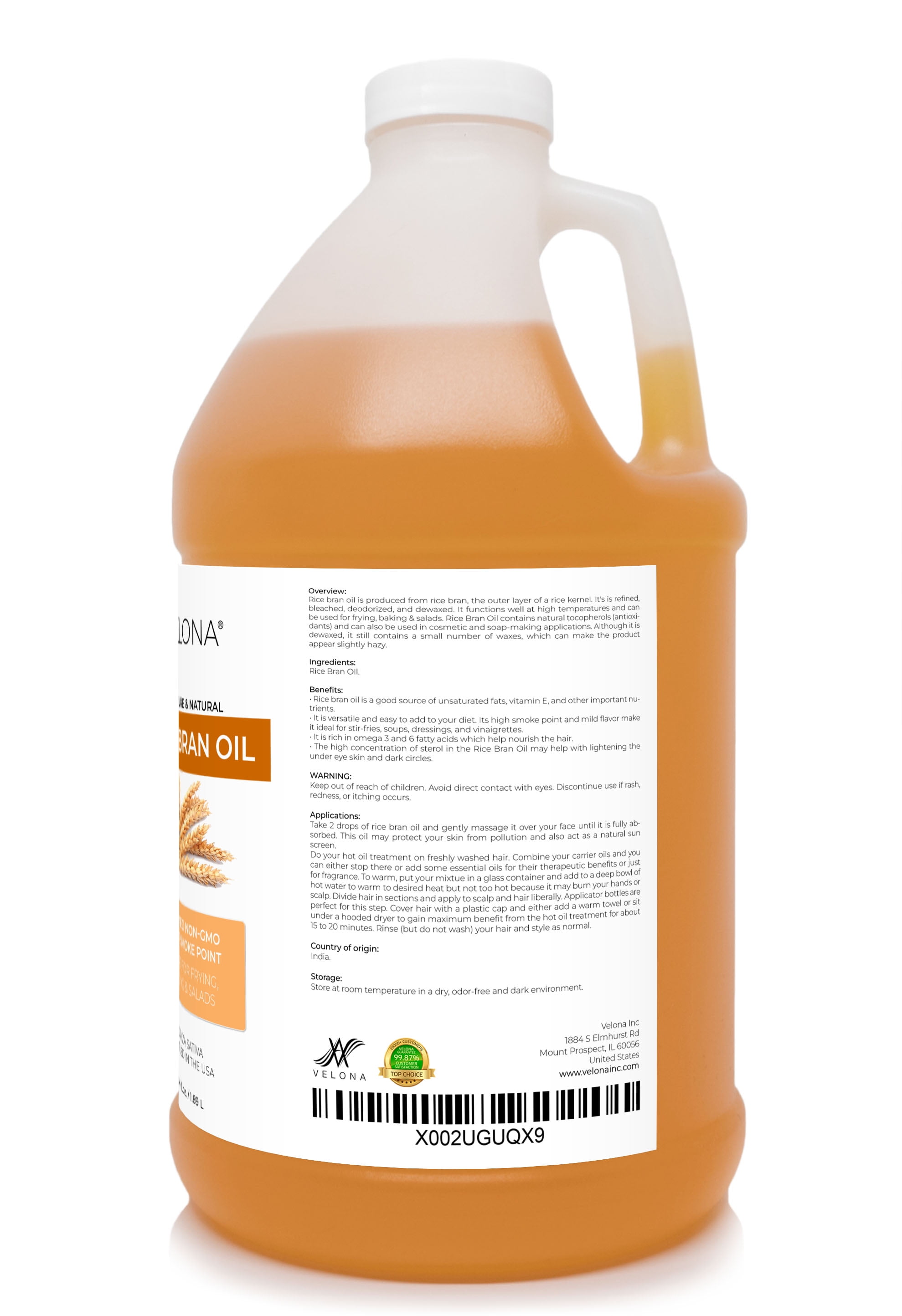 Rice Bran Oil by Velona - 64 oz | 100% Pure and Natural Carrier Oil | Refined, Cold Pressed | Cooking, Face, Hair, Body & Skin Care | Use Today - Enjoy Results