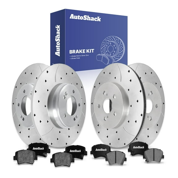 AutoShack Front Vented & Rear Solid Drilled & Slotted Silver Zinc Coated Brake Rotors   Ceramic Pads 12-PC Brake Kit Replacement for 2017-2018 Kia Forte 2016 Hyundai Elantra GT SilverShield Pro