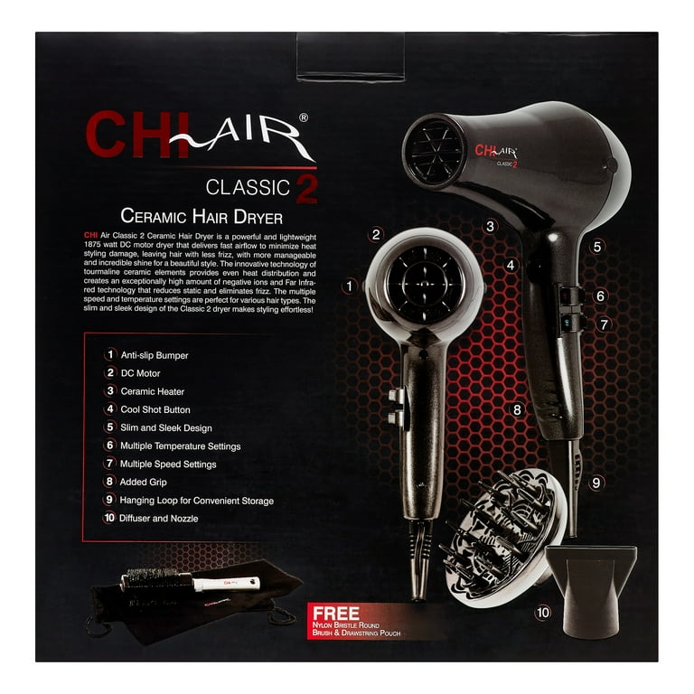 CHI Air Classic 2 Ceramic Hair Dryer with Round Brush and Drawstring Bag 1875 Watts Onyx Black Walmart