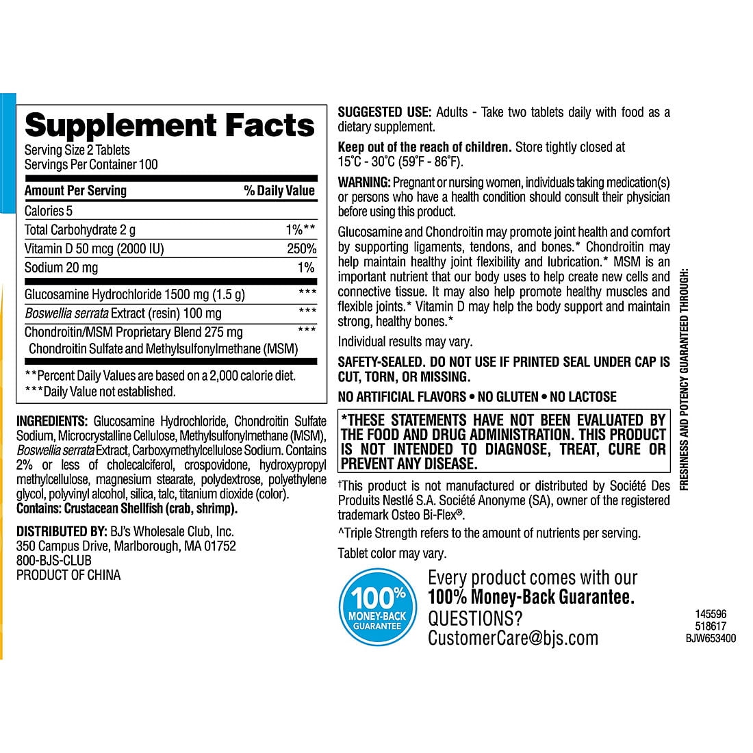 Berkley Jensen Triple Strength Glucosamine Chondroitin with MSM + Vitamin D3 Supplement Tablets, 200 ct.