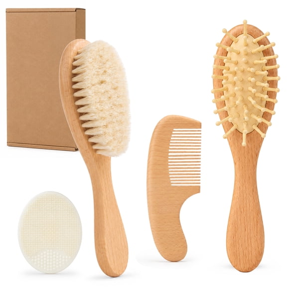 Lictin Baby Hair Brush and Comb Set, 4Pcs Newborn Wooden Hair Brush with Soft Goat Bristles, Baby Cradle Cap Comb Set, Infant Grooming Kit for Baby Shower Gift