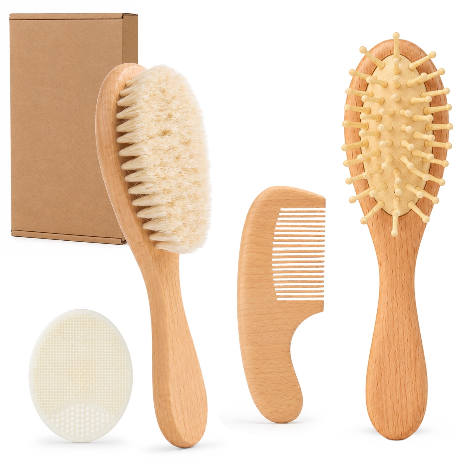 Lictin Baby Hair Brush and Comb Set, 4Pcs Newborn Wooden Hair Brush with Soft Goat Bristles, Baby Cradle Cap Comb Set, Infant Grooming Kit for Baby Shower Gift