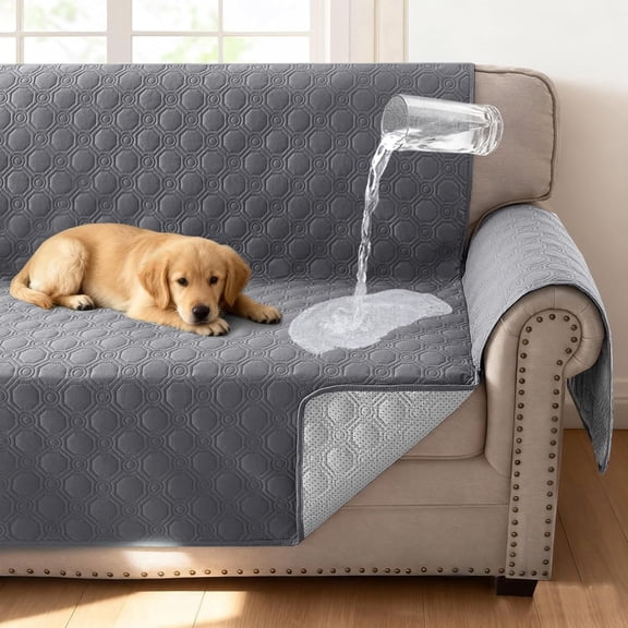 Ecoskio 3 Cushion 100% Waterproof Non-Slip Washable Sofa Cover, Grey Furniture Protector with Storage Pocket for Pet Family Household Use
