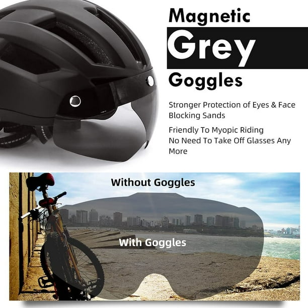 Bike Helmet with USB Rechargeable Rear Light Removable Magnetic Shield Visor Mountain Road Bicycle Helmet Adults Cycling Helmets for Men Women Size