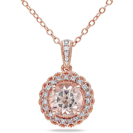 1-1/6 Carat T.G.W. Morganite and Diamond-Accent Rose Rhodium-Plated Sterling Silver Halo Pendant, 18