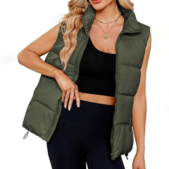 Qulqfy Sleeveless Womens Puffer Vest Puffy Green Zip Up Padded Lapel Collar Quilted Jackets Womens Fall Tops L