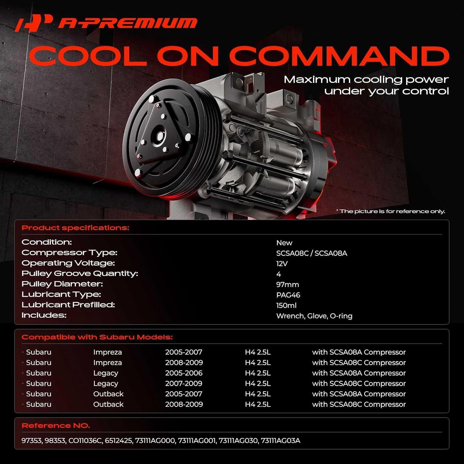 A-Premium Air Conditioner AC Compressor with Clutch Compatible with Subaru Outback 2.5L 2005-2009, Legacy 2.5L 2005-2009