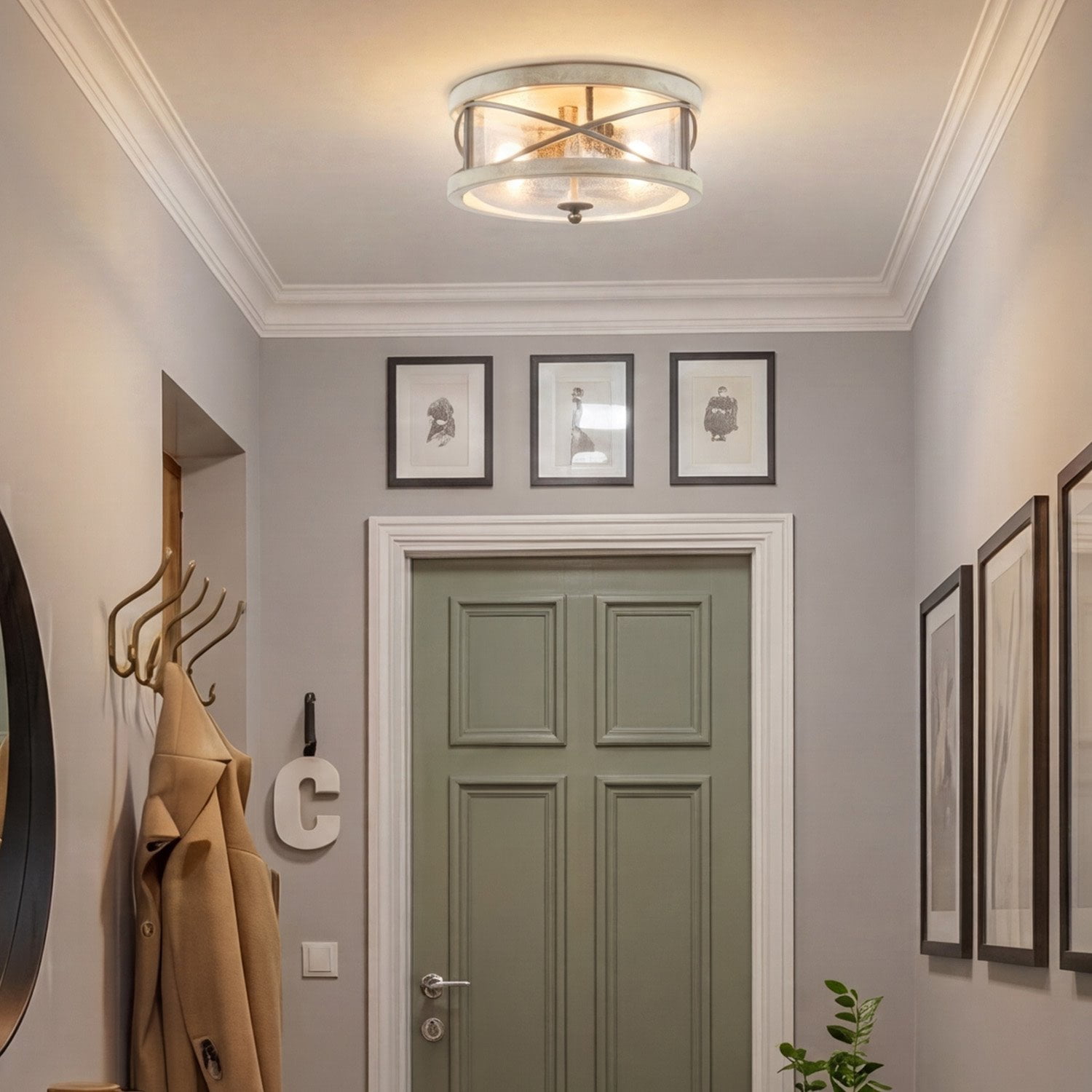 Kira Home Blaylock 13" Farmhouse Flush Mount Ceiling Light, Hammered Glass Shade, Wood Grain Metal, White Ash Wood