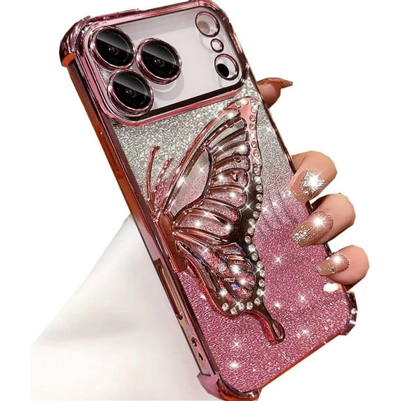 for iPhone 17 Pro Max Glitter 3D Butterfly Case, Cute Bling Sparkle Liquid Flowing Diamond Butterfly Foldable Kickstand with Camera Lens Protector Women Girls Case for iPhone 17 Pro Max, Pink