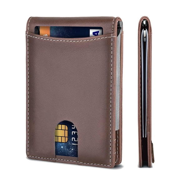 Blocking Slim Bifold Genuine Leather Minimalist Front Pocket Wallets for Men with Money Clip Thin Gift （dark brown）