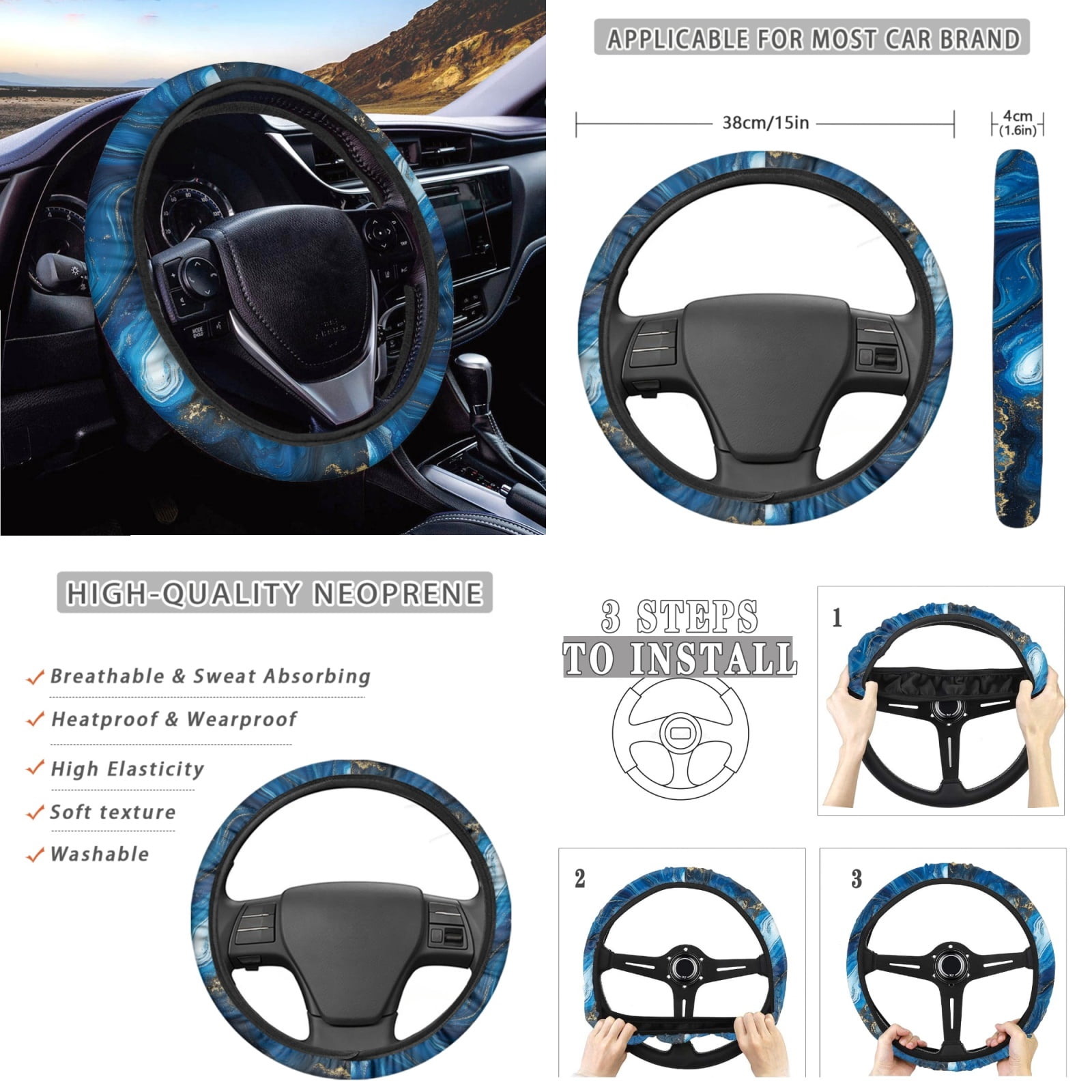 Yuyamidu Blue Marble Print Car Seat Cover Full Set of 14 Fashion Auto Steering Wheel Cover Seatbelt Pads Armrest Cushion Trash Can Rearview Mirror Cover Handbrake Cover Set Coasters
