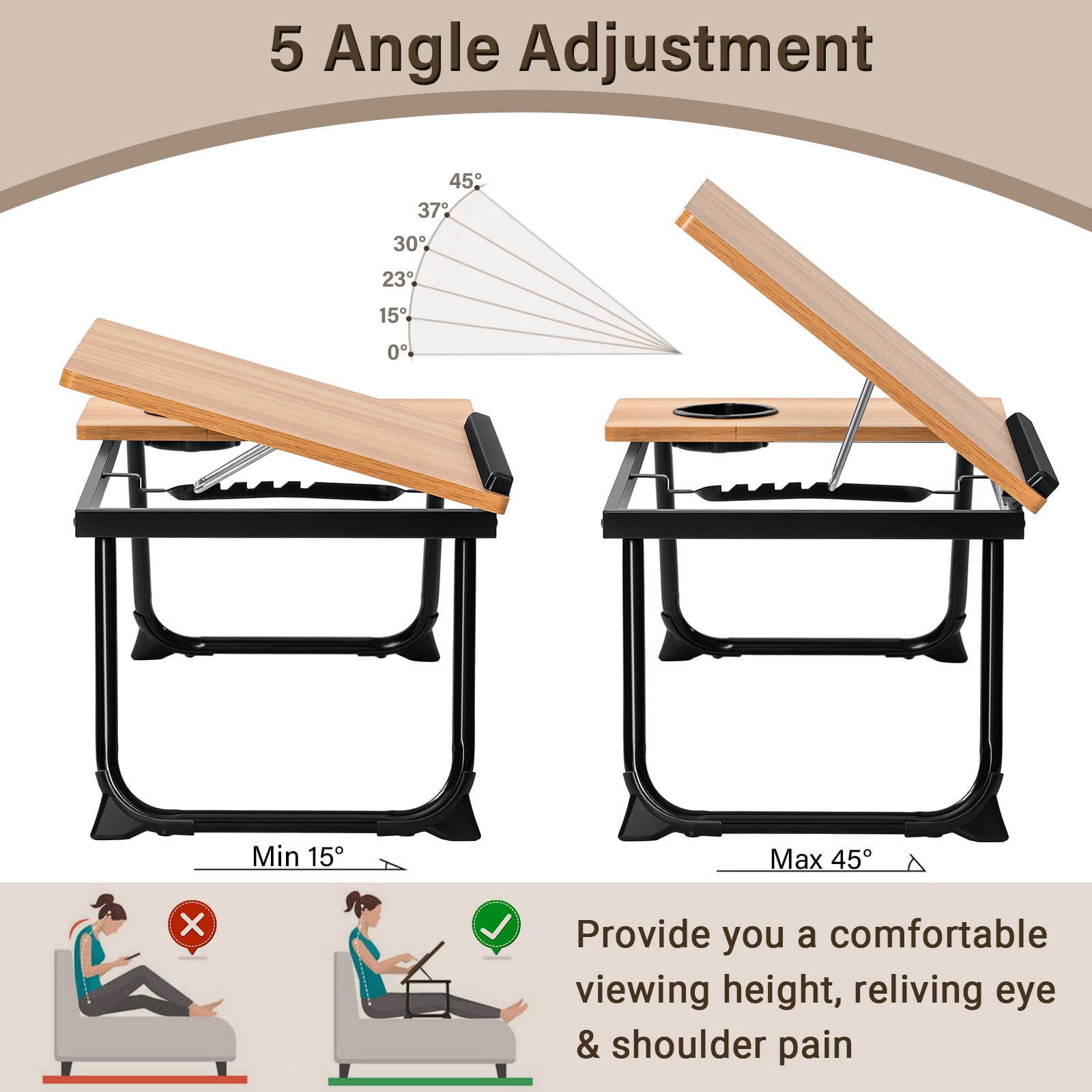 HONEIER Laptop Desk with 5 Adjustable Angles, Foldable Lap Desk with Cup Slot, Bed Desk Tray Table for Eating Reading Working on Bed Couch Sofa, Folding Lap Tray for Home Office, Bedroom