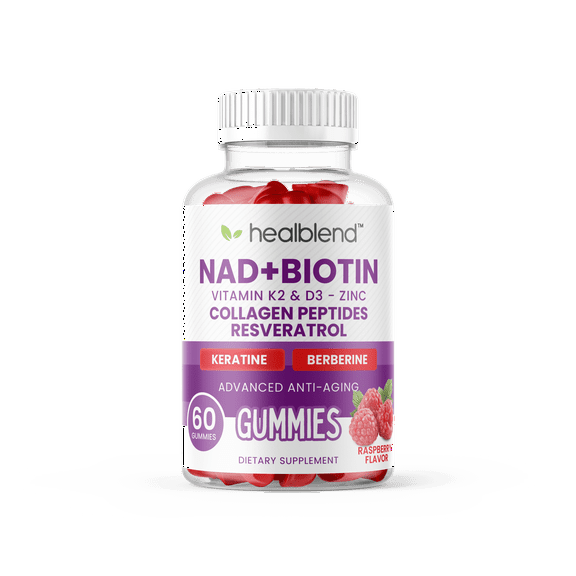 Healblend NAD Biotin Gummies – Collagen Peptides, Resveratrol, Keratin & Berberine – Anti-Aging Hair, Skin & Nail Support – Vitamin K2 & D3, Zinc – Raspberry Flavor – 60 Gummies