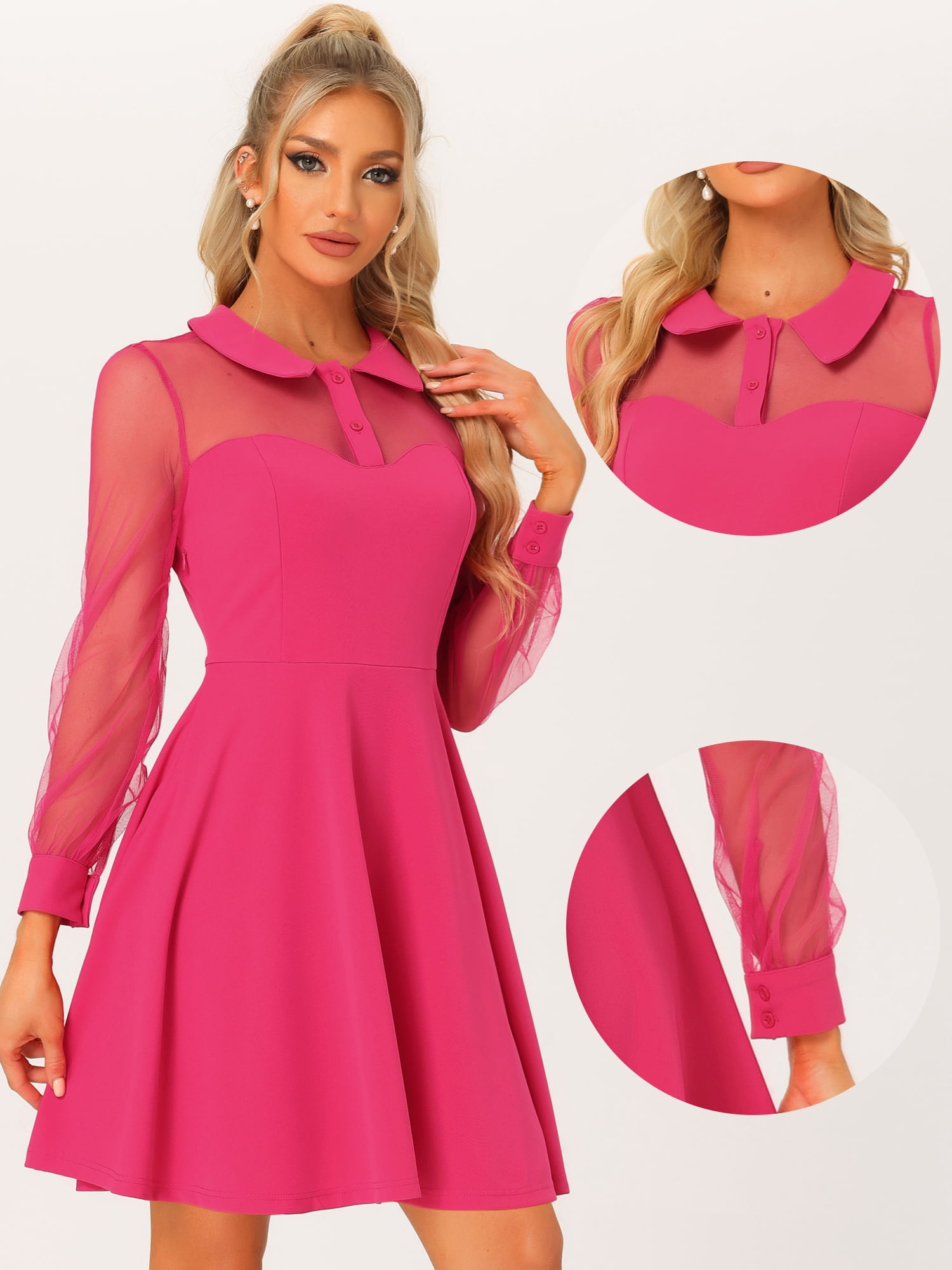 Unique Bargains Women's Retro Flat Collar Mesh Sheer Sleeve Flared Party Dress L Hot Pink