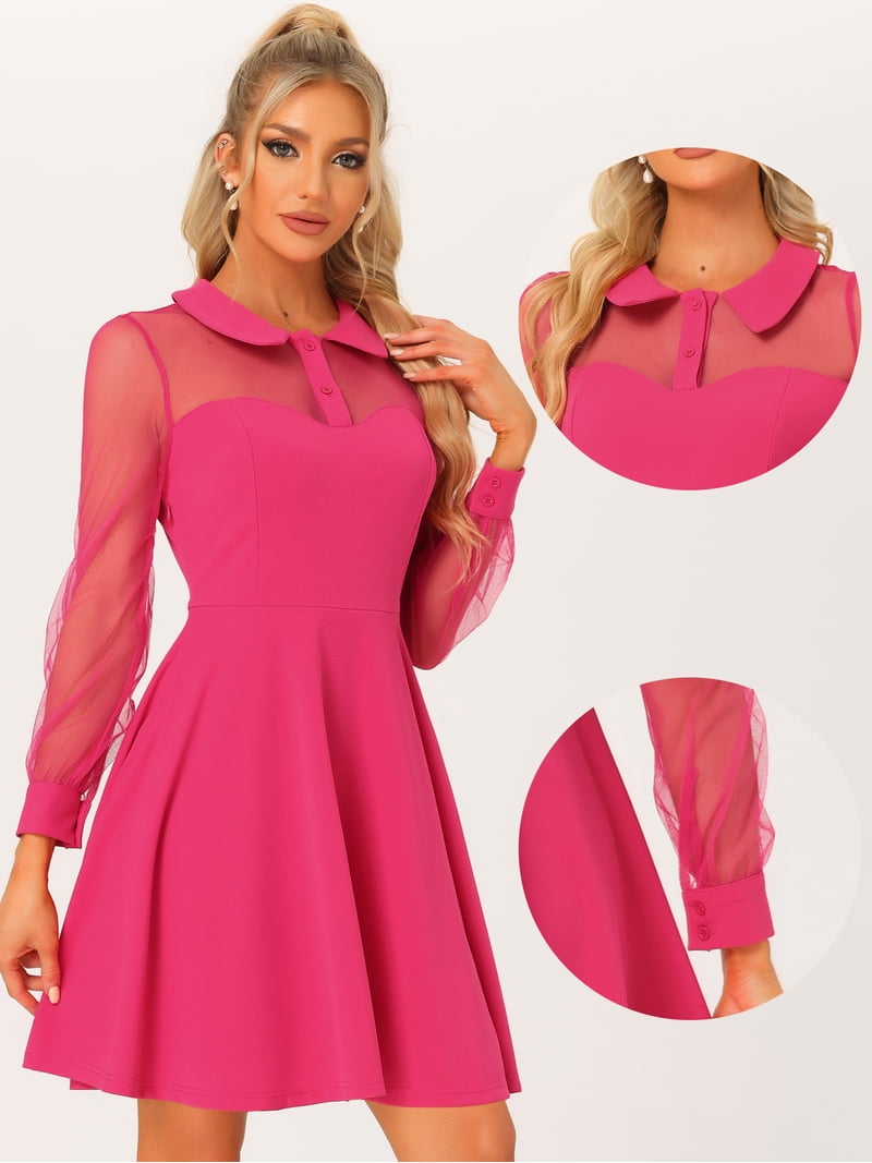 Unique Bargains Women's Retro Flat Collar Mesh Sheer Sleeve Flared Party  Dress L Hot Pink - Walmart.com