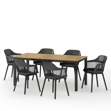 GDF Studio Furman Outdoor Acacia Wood and Resin 7 Piece Dining Set, Black and Teak