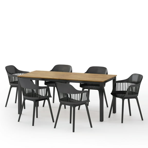 GDF Studio Furman Outdoor Acacia Wood and Resin 7 Piece Dining Set, Black and Teak