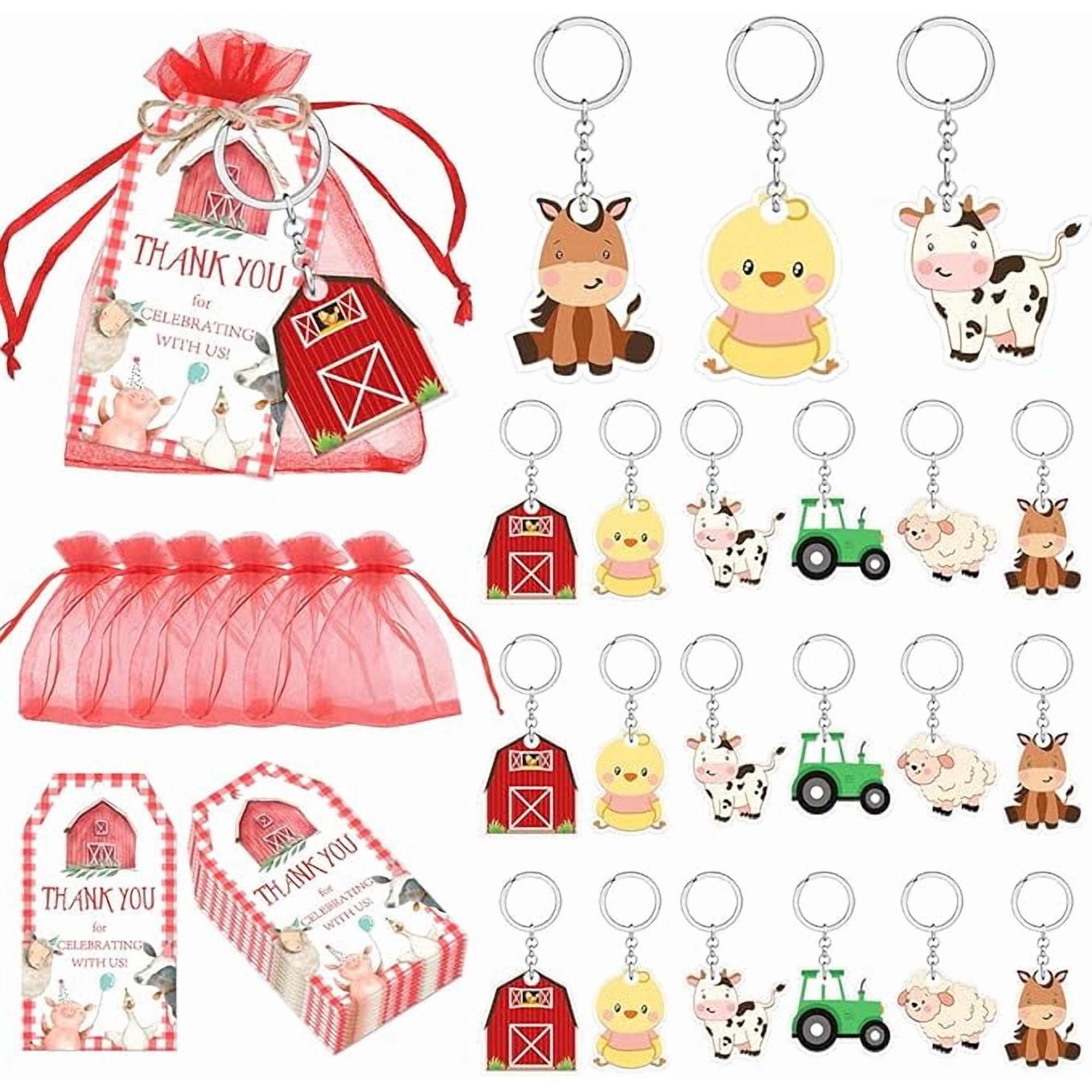 72Pcs Farm Animals Party Favors Barnyard Birthday Supplies Bags Filler Farmhouse Cow Horse Thank You Tags Keychains Red Organza Bags for Kids Farm Theme Birthday Baby Shower Party Favors