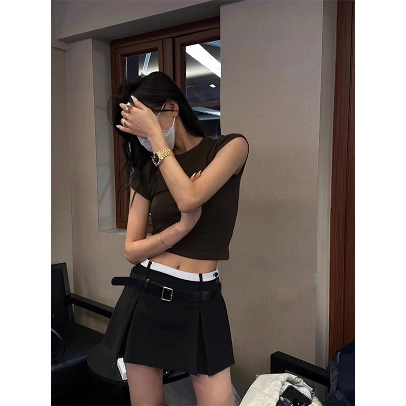 ★韓国人気★MIDNIGHT MOVE★2 belt skirt Streetwear Belt Mini Skirt Women Korean Patchwork Pleated