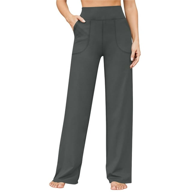 Pantalones Pierna para Mujer Pantalones Yoga Cintura Alta con Bolsillos Pantalones Deportivos Holgados y Elásticos para Trabajo o para Estar Cómoda en Casa Gris Oscuro M