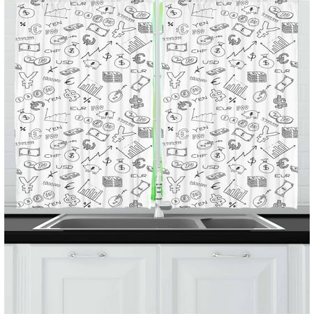 Living In A Dollar Money Curtains 2 Panels Set, Monochrome Pattern with Euro Dollar Yen Symbols Coins Piggy Bank Stock Graphs Doodle, Window Drapes for Living Room Bedroom, 55W X 39L Inches, Black White, by Ambesonne ()