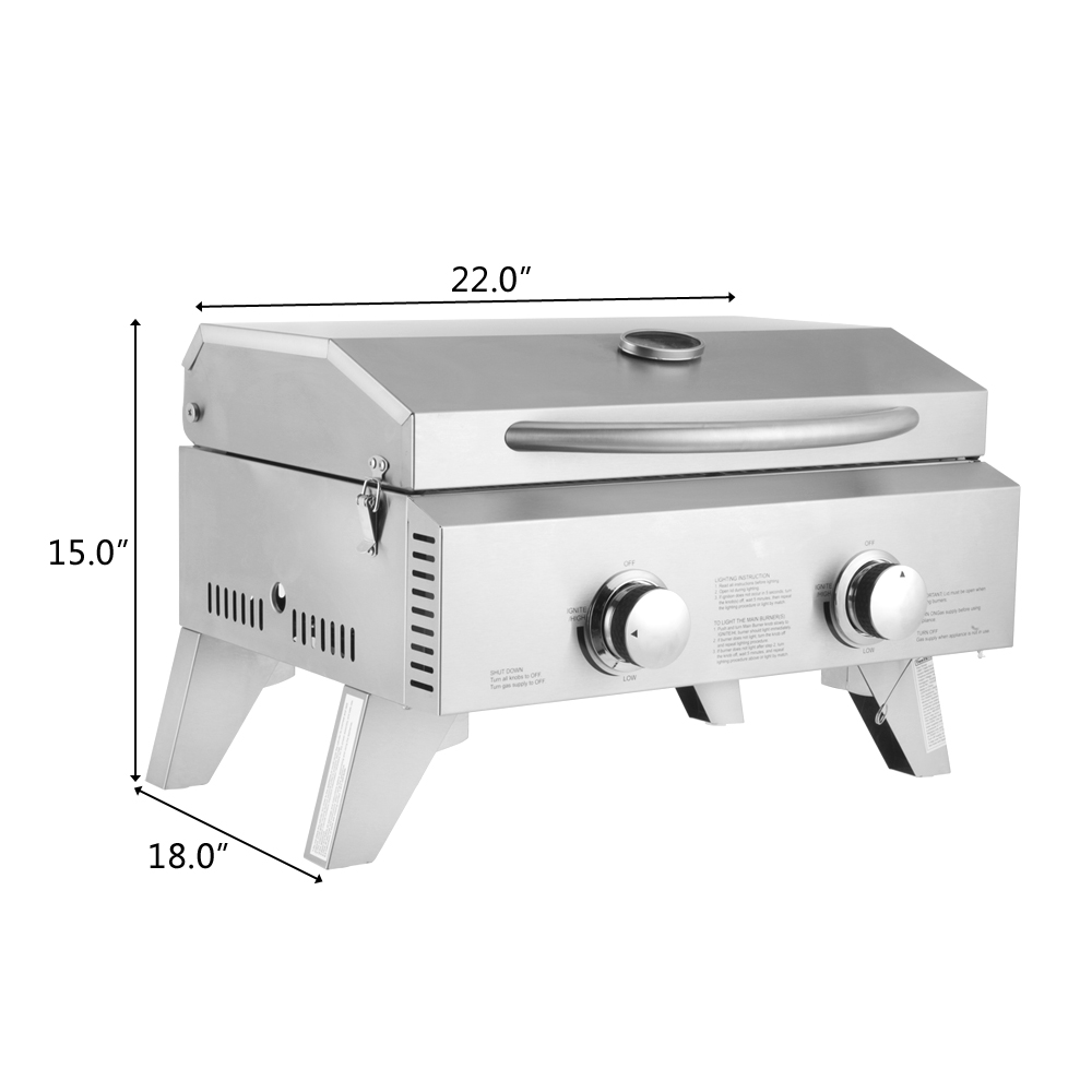 VANELC 2 Burner Portable BBQ Table Top Propane Gas Grill Stainless Steel, 20000 BTU with Foldable Legs - image 2 of 9