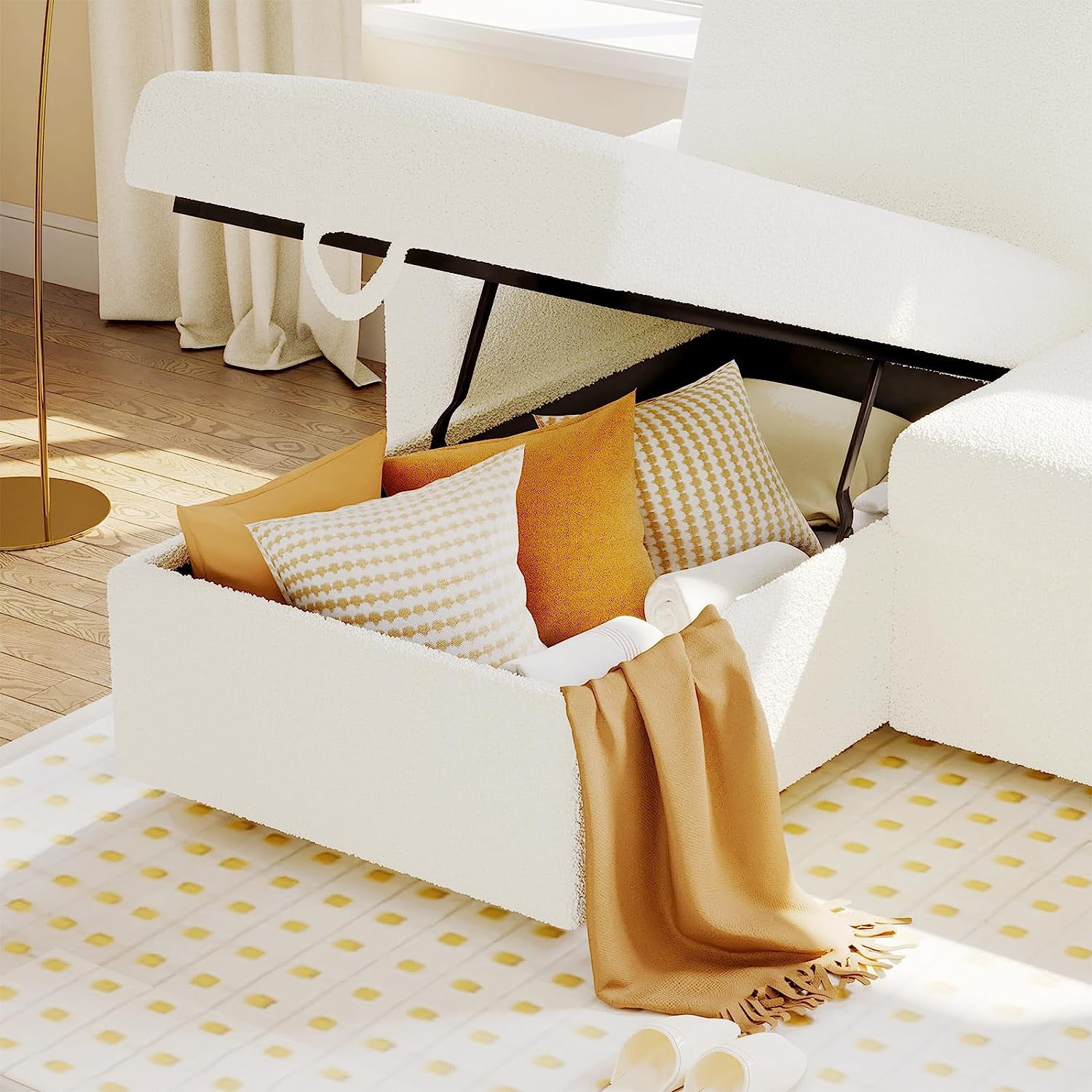 Papajet Sofa Bed, 2 in 1 Pull Out Couch with Storage Chaise for Living Room, White Sherpa