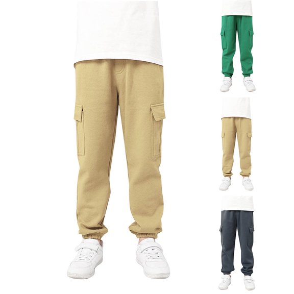 Afuyipoi Boys Cargo Pants Cotton Elastic Waist Active Track Sweatpants Utility Joggers for Girls Size 5-13 Years Khaki Size 7