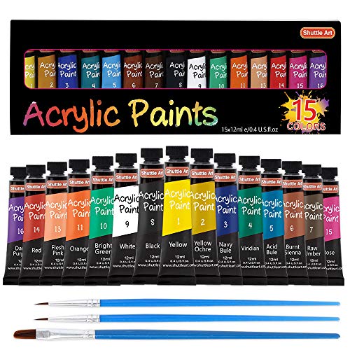 Acrylic Paint Set, Shuttle Art 15 x 12ml Tubes Artist Quality Non Toxic Rich Pigments Colors